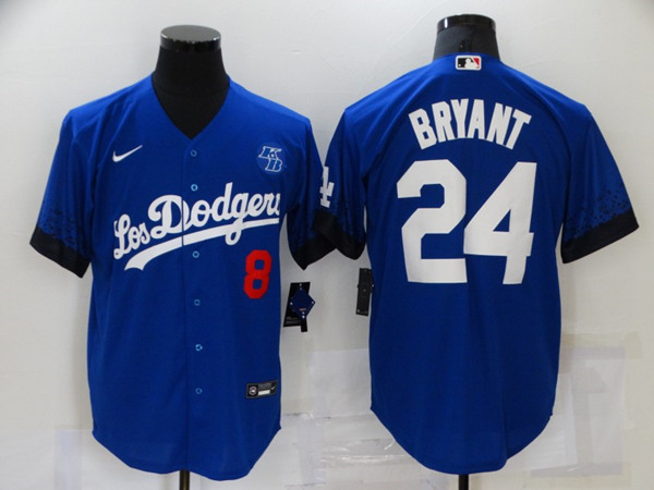 Men's Los Angeles Dodgers Front #8 Back #24 Kobe Bryant 2021 Royal City Connect Cool Base Stitched Baseball Jersey - Click Image to Close